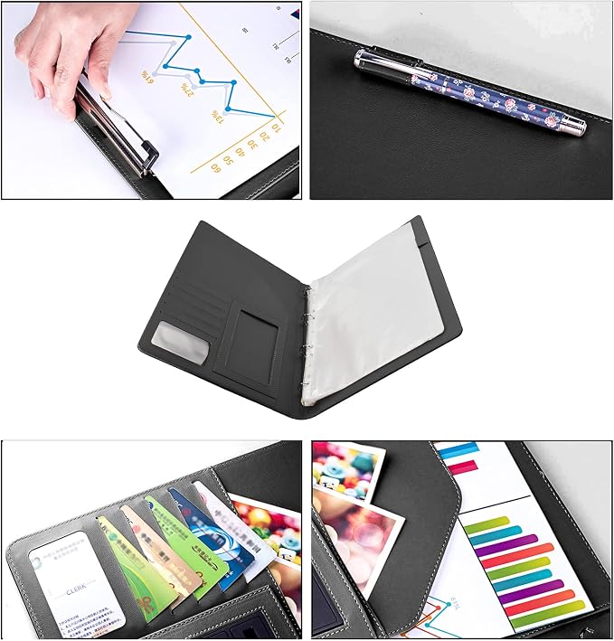 PU Leather Padfolio Ring Binder with Clipboard Resume Leather Portfolio with 20 Clear Plastic Sleeves Black