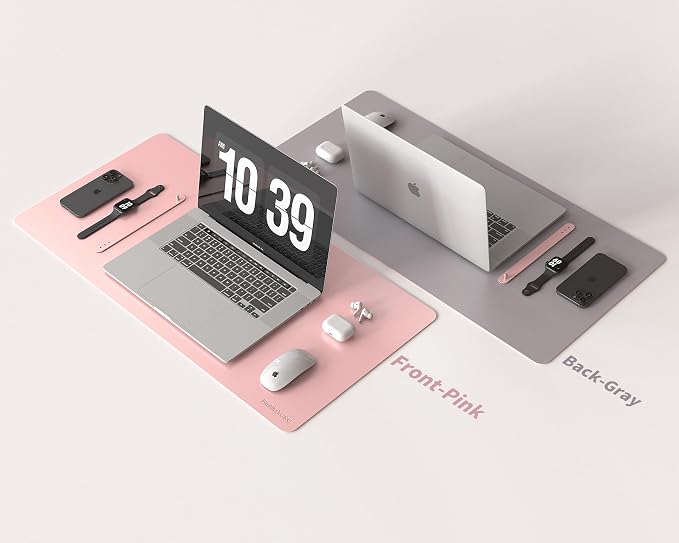 RENMTURE Double-Sided Two-Tone Faux Leather Desk mat Desktop Organization and Accessories Home and Office Large Mouse pad Game and Work (Pink/Gray, 32"x16")