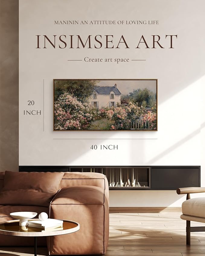 InSimSea Extra Large Framed Vintage Wall Art, Living Room Country Farmhouse Decor, Cottage Rose Garden Landscape Canvas Prints, Retro Scenery Long Pictures for Bedroom Above of Bed,20x40inch