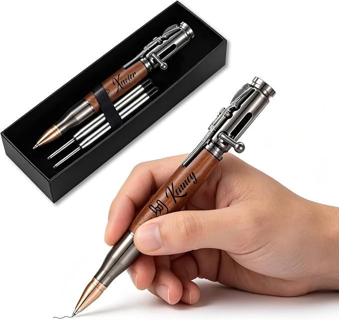 Custom Bolt Action Pen Gift Set with Engraving Personalized Metal Pen Gifts for Men Husband Father Boyfriend Grandfather Brothers Graduate (Wooden Pen)