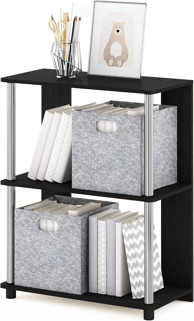 Furinno Jaya Simple Design 3-Tier Bookcase/Bookshelf/Display Rack with Stainless Steel Tubes, Americano | 11.6 x 23.6 x 30, Storage Shelves, Shelving Unit, for Organization and Storage, Living Room, Garage, Home Office