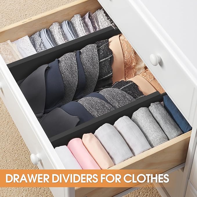 Bamboo Drawer Dividers, Adjustable Drawer Organizers, Fits 12.6–16" Drawers | 2.5" High, 4 Pack Expandable Drawer Separators for Kitchen, Nursery, Dressers & Office Storage, Black
