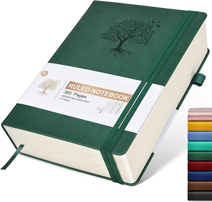 Lined Journal Notebook, 365 Pages B5 Large Journals for Writing Ruled Notebook, Hardcover Leather Journal for Women Men, Daily Notebook for Work, Note Taking, 100Gsm Thick Paper( 7.6'' X 10'' Green)