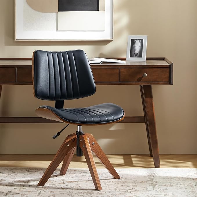 HULALA HOME Faux Leather Home Office Desk Chair No Wheels, Navy | Mid-Century Modern Desk Chair with Wood Legs, 360° Swivel Computer Task Chair with Channel-Tufted Backrest, Height Adjustable