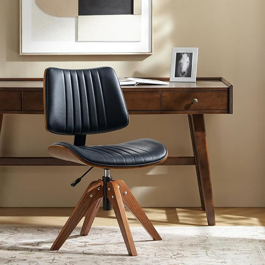 HULALA HOME Faux Leather Home Office Desk Chair No Wheels, Navy | Mid-Century Modern Desk Chair with Wood Legs, 360° Swivel Computer Task Chair with Channel-Tufted Backrest, Height Adjustable