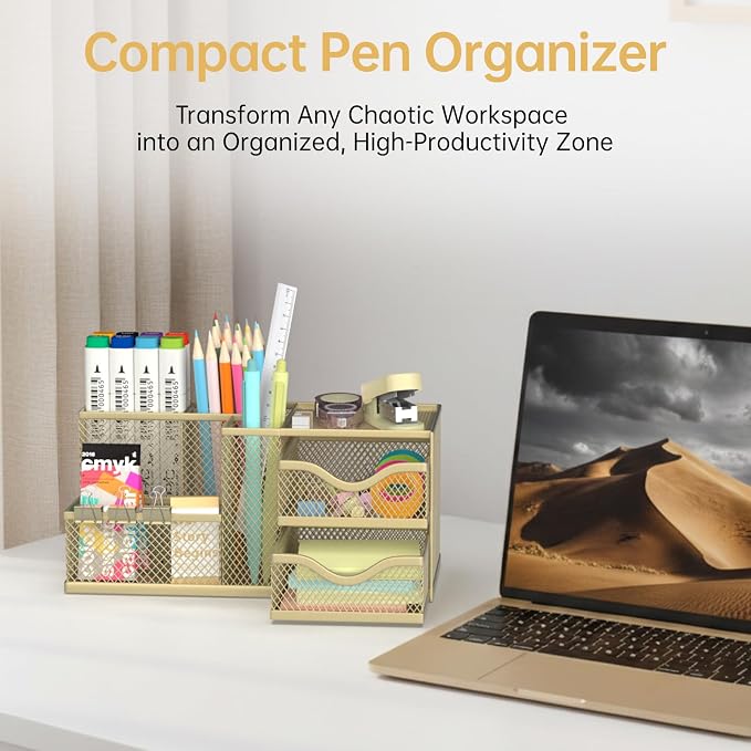 Mesh Desk Organizer, Pen Organizer with 2 Drawers and 5 Compartments, Versatile Pen Holder for Small Space, Desk Organizers and Accessories for School Office Supplies, Gold