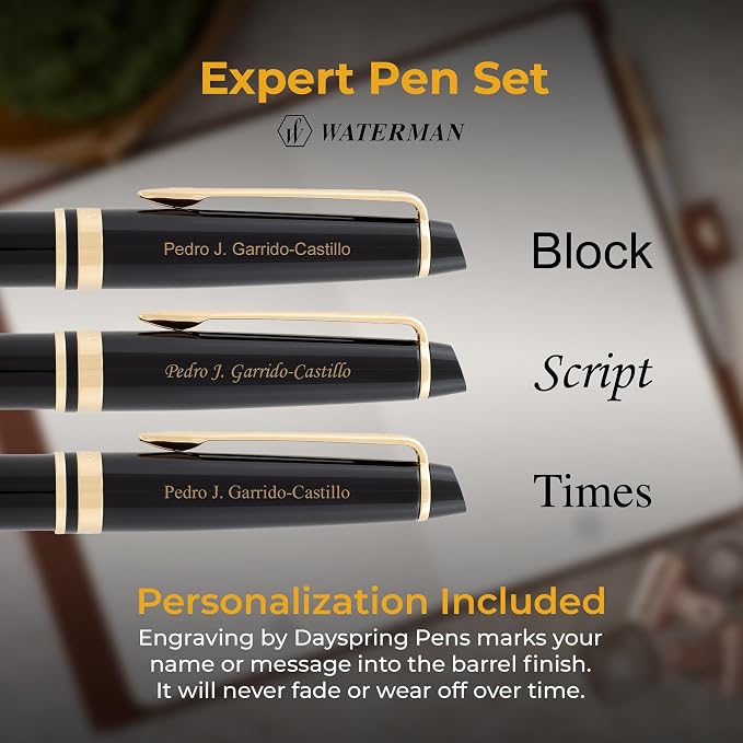 Waterman Expert Engraved Fountain and Ballpoint Pen Set, Black Lacquer with 23K Gold Trim, Mysterious Blue and Black Ink, Gift for Retirement, Board Members, Senior Partners, Career Advancement