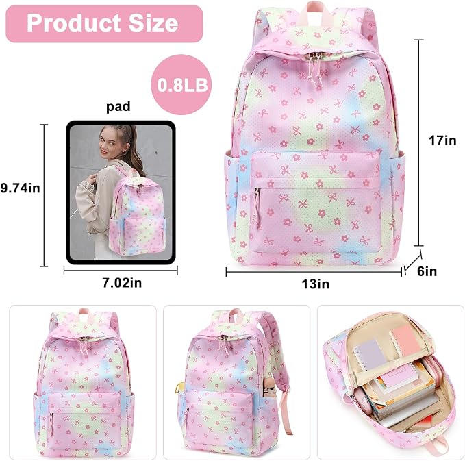 Bluboon Teen Girls School Backpack Kids Bookbag Set with Lunch Box Pencil Case Travel Laptop Backpack Casual Daypacks (Rainbow pink polka dots)