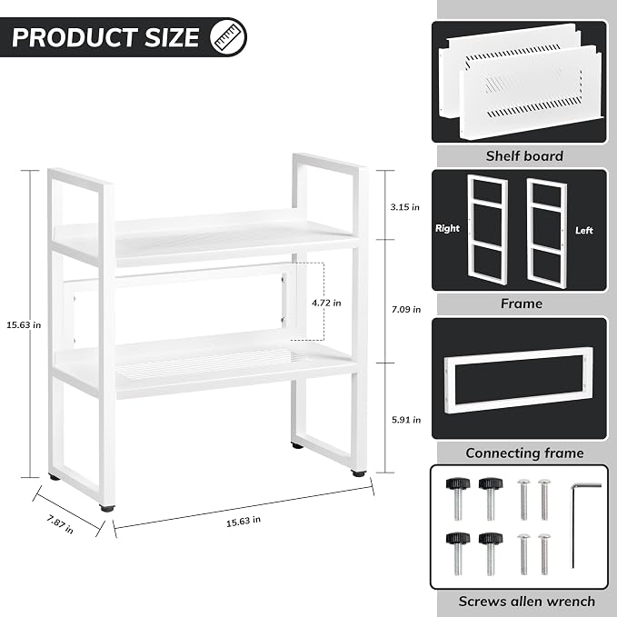 Brakki Desk Shelf Organizer, 2-Tier Desktop Bookshelf, Small Office Shelf | Adjustable Shelf, Metal Desktop Rack for Dorm, with Foot Mat, Multi-Functional Organization, White