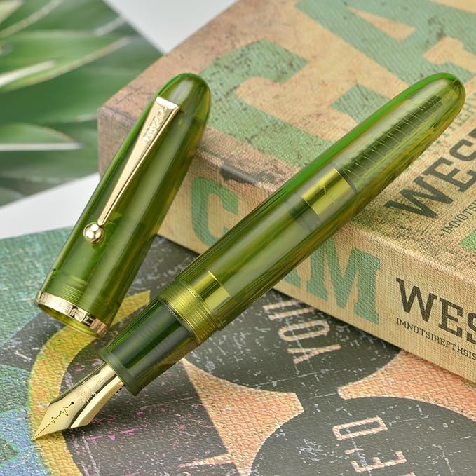 Jinhao 9019 DaDao Series Fountain Pen, Size 8 Fine Cardiogram Nib with Large Ink Converter, Transparent Olive Green Acrylic Design Smooth Writing Pen (Gold Trim)