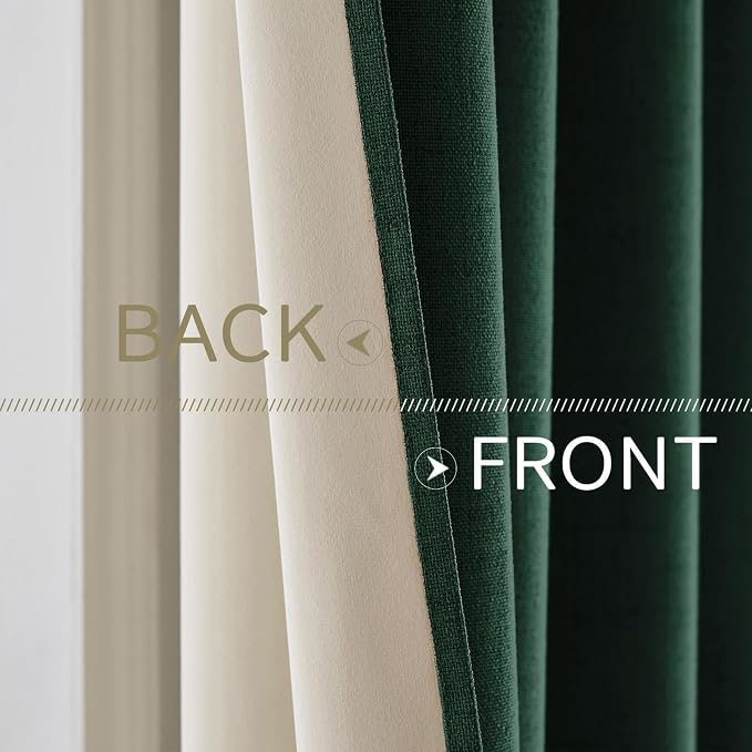 MIULEE Linen Curtains for Bedroom 100% Blackout Thermal Insulated Emerald Green Grommet Room Darkening Curtains & Drapes Christmas Decor for Living Room 52 x 90 Inch (2 Panels)