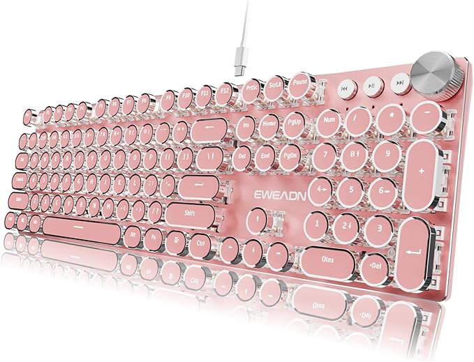 EWEADN Typewriter Style Mechanical Keyboard, Wired Typewriter Keyboards,104 Keys Backlit LED Metal Keyboards, Media Control Knob, Wired Computer Keyboard White Switch for Windows/Mac/PC-Dark Pink