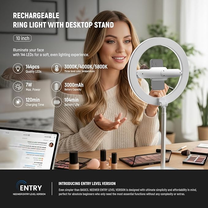 NEEWER Entry Level Version 10" 7W LED Selfie Ring Light with Desk Stand/Phone Holder/3 Modes, CRI85+ 3000mAh Rechargeable Video Conference Lighting for iPhone Streaming Video Recording Makeup, N17