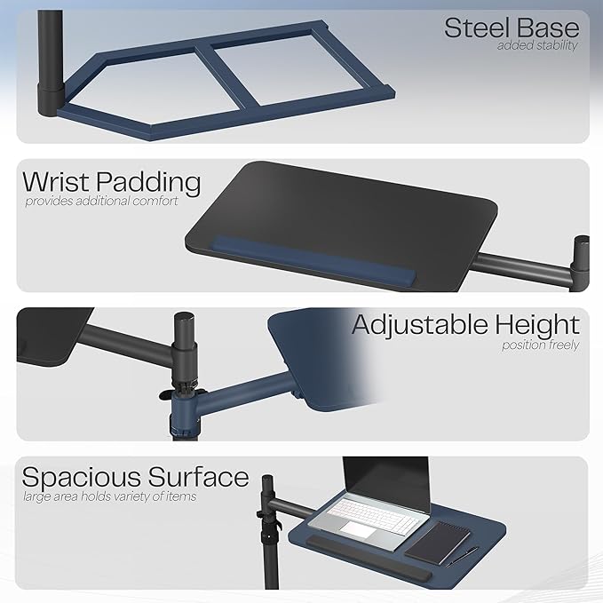 Height Adjustable Under Mattress 20 inch Bedside Desk, Works with Lofts and Beds Without Frames, Tilting Desktop, Fits Laptops, Books, and More, Black