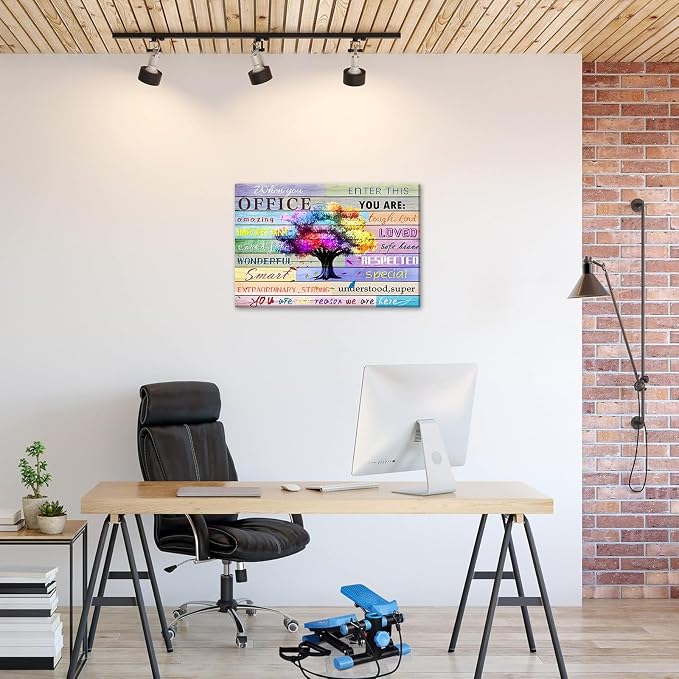 Inspirational Wall Art for Office Team Rules Wall Art Office Wall Decor Motivation Positive Quotes Wall Decor Colorful Tree Signs Framed Painting Prints Artwork for Home 36x24in Framed