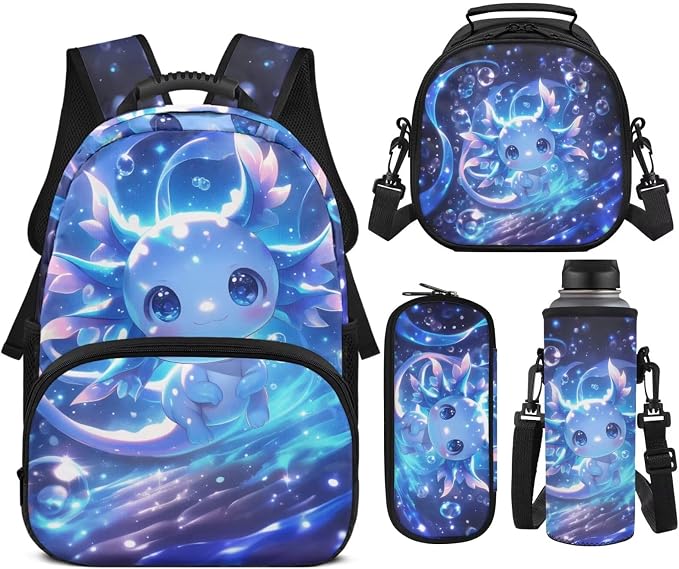 Blue Axolotl School Backpack for Girls, 4PCS Cartoon Bookbag Set with Insulated Lunch Bag & Pencil Case, 17 Inch Elementary Backpack for Kids Ages 6-8 1st 2nd 3rd Grade
