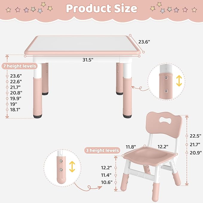 DOREROOM Adjustable Kids Table & 4 Chairs Set, 31.5" L x 23.6" W, Pink | Graffiti Desktop,Table Supports 300 lbs,Toddler Ages 2-8，FSC-certified, Children Activity Table for Daycare, Classroom, Home