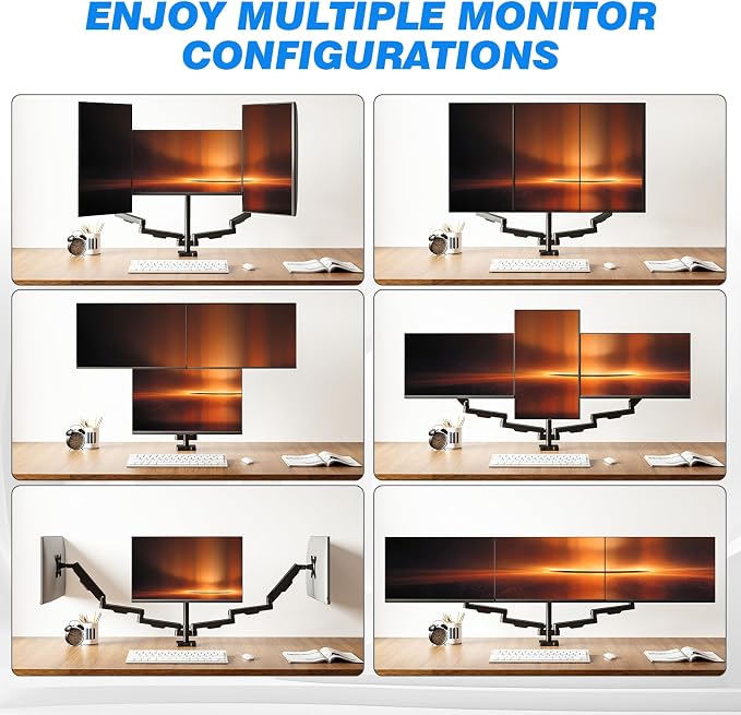 Triple Monitor Mount for 17-32" Screens, VESA 75/100mm | Holds up to 19.8lbs per Arm. Full Motion Tilt, Swivel, 360 Rotation, Extra Tall Pole, C-clamp/Grommet Base.