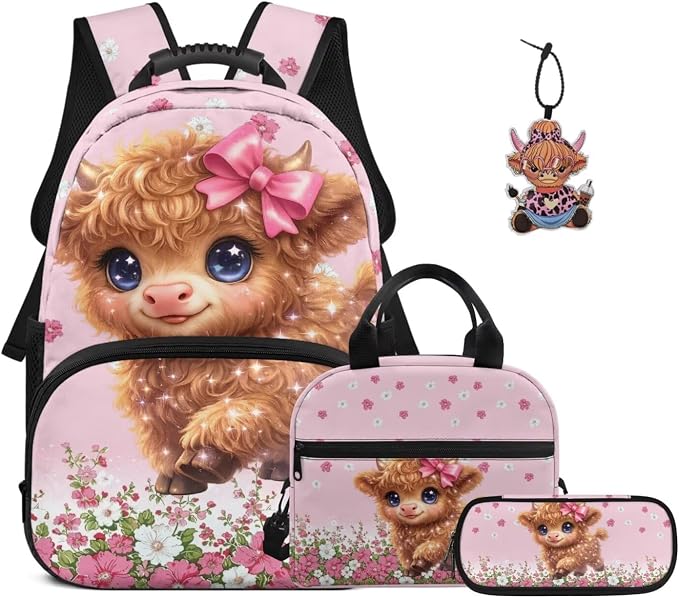 ZFRXIGN Cute Highland Cow Kids Backpack for Girls 4-6 6-8 Bookbag with Cute Pendant 17inch Elementary School Bag and Insulated Lunch Box Portable Pencil Case