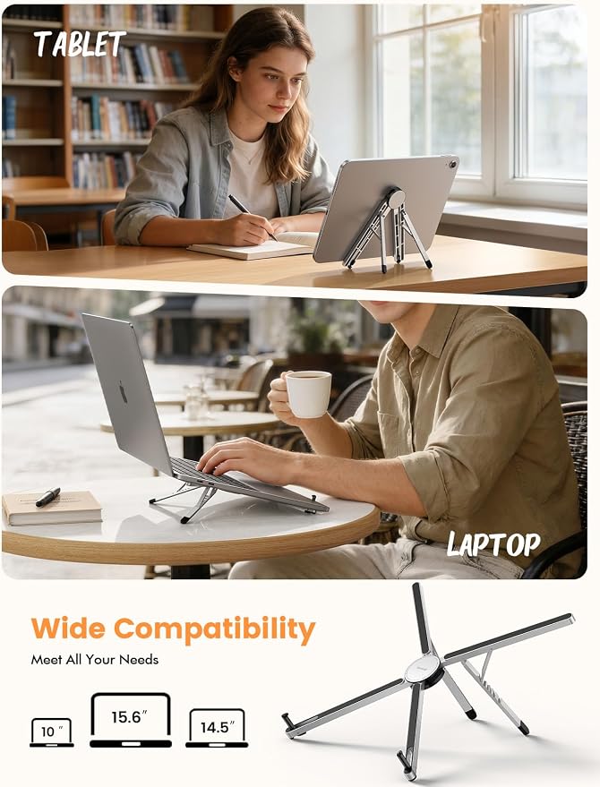 Lamicall [Ultra-Slim] Foldable Portable Laptop Stand for Desk, 6 Level Height Ergonomic Laptop Riser for Business Trip Library Cafe Computer Holder fit 10-15.6" MacBook Neo Air HP Dell Lenovo - Silver