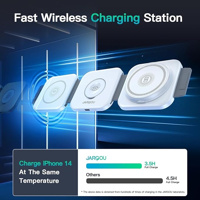 JARGO 3 in 1 Wireless Charging Station for Apple Devices, Foldable iPhone Charging Station for iPhone 17/16/15/14/13/12, Apple Watch & AirPods with Magsafe, Travel Essentials Wireless Charger (White)
