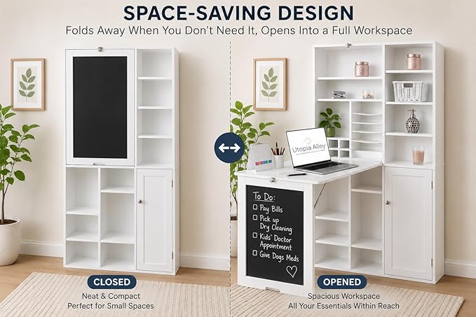 Utopia Alley Fold Down Wall Desk with Storage Shelves – Space Saving Murphy Desk Cabinet for Home Office, Craft Room, Apartment & Small Spaces, White