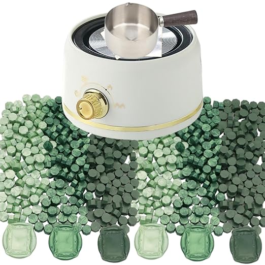 Electric Wax Seal Melting Furnace Warmer Kit, Sealing Wax Warmer Electrical with a 80ml Large Spoon, a Non-Slip Melt Scoop Great Tool for Melting Waxs Seals Sticks Beads (300 Green White Kit)