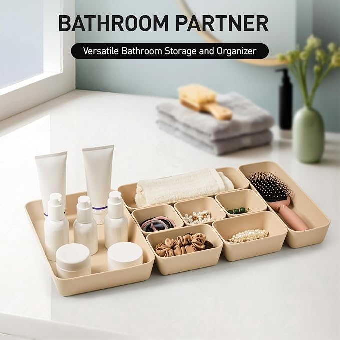 ISSEVE 8Pcs Silicone Bathroom Drawer Organizer Trays Set, 4 Sizes, Beige | Nesting Organizer Trays, For Vanity, Desk, Nightstand, Makeup, Jewelry, Toiletries, and Office Small Items, Drawer Organizer