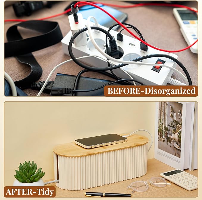 2 Pcs Cable Management Box, Fits Most Power Sockets, 11.8x5.1x4.3 in | Hides Cords & Power Sockets, Bamboo Lid, Beige & Black Options, Includes 48 Accessories, Home Office Desk or Floor Use