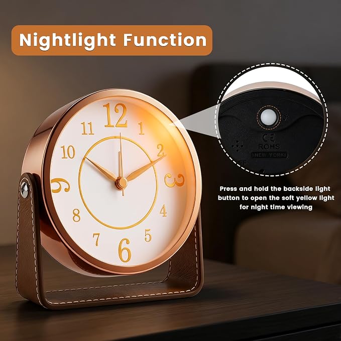 Analog Alarm Clock - 4.5" Silent Non Ticking Small Clock with Light, Rotatable Stand Metal Desk Clock Battery Operated, Simple Design for Living Room Decor/ Bedroom/Bedside/Shelf (Rose Gold & Brown)