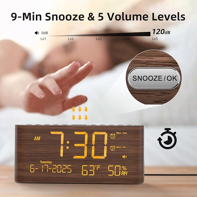 Raynic Digital Alarm Clock, 8.7" Large LED Display, Dual Alarms for Bedroom | USB & Type-C Charging Ports, Temperature & Humidity Display, 5-level Dimmer & Volume, Dark Wood Grain Finish for Home Office