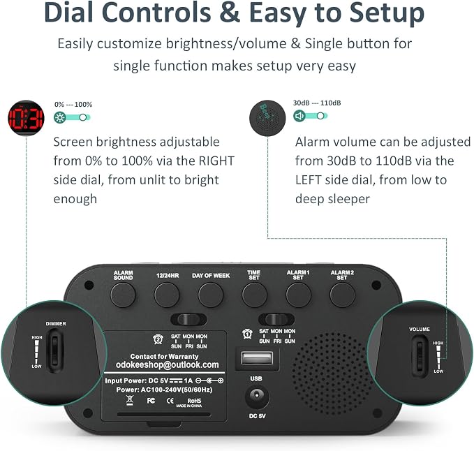 Odokee Digital Dual Alarm Clock for Bedroom with 0-100% Dimmable Display | Easy to Set Alarm Clock with Weekday/Weekend Mode - Loud Alarm for Heavy Sleepers with 5 Sounds Adjustable Volume - Red
