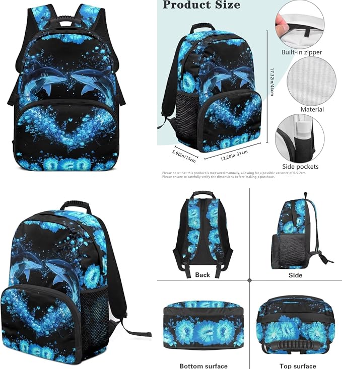 ZFRXIGN Shark Teen Boys Backpack for School with Cute Pendant 4PCS Backpack Set 17inch Middle High School Bag and Lunch Box Pencil Case Back to School Supplies