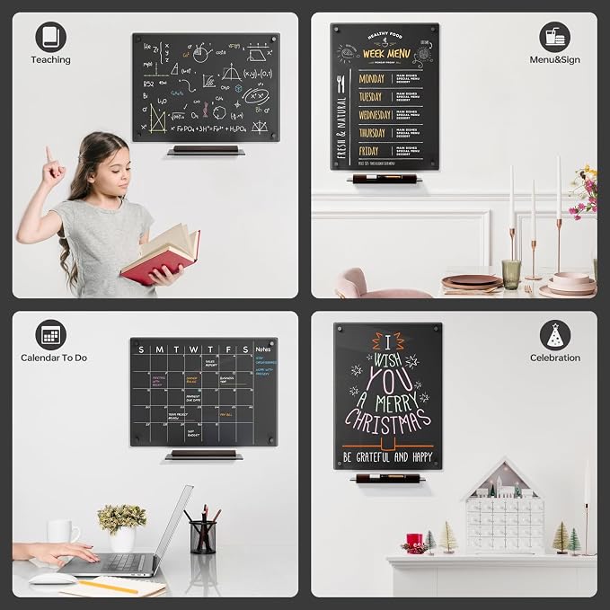YEOUX Glass Dry Erase Whiteboard - 17"x23" Translucent Black Glass White Board for Wall with Wooden Based Floating Marker Tray, Non-Magnetic Writing Board for Kitchen, Home and Office