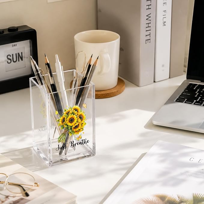 YAZMEEN Inspirational Gift Acrylic Pen Holder - Just Breathe Sunflower Desk Organizer - Office & Home Desk Decor - Birthday Gift for Women, Coworker, Friend