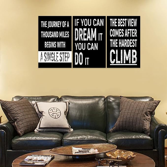 3 Piece Inspirational Wall Art, Black Background Sayings Picture, Quotes Motivational Canvas Prints for Gym Wall Decor, Triptych Entrepreneur Painting Framed Artwork for School Decor (72"Wx36" H)