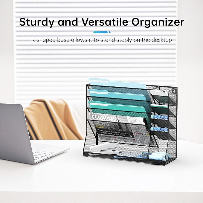 Wall File Organizer, 5-Tier Wall Organizer for Office with 4 Pen Slots, Vertical Hanging File Folder Holder with R-shaped Bottom Tray, Mesh Mail Holder Desk Organization for Workspace, Black
