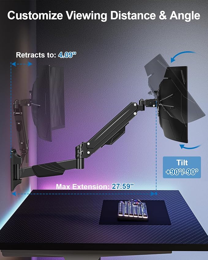 Single Monitor Wall Mount for Max 43" Holds up to 33.1lbs Screen | Wall Monitor Mount for Ultrawide Computer Screen, Height Adjustable Full Motion Gas Spring Vesa Wall Mount, Max 200x200mm