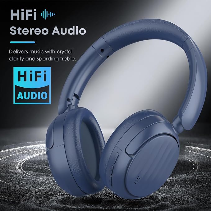 Bluetooth Headphones with Active Noise Cancelling (ANC), Wireless Over Ear Bluetooth Headsets with 35H Playtime, HiFi Stereo Foldable Headphones with Foam Ear Cups for Sports, Travel, Blue