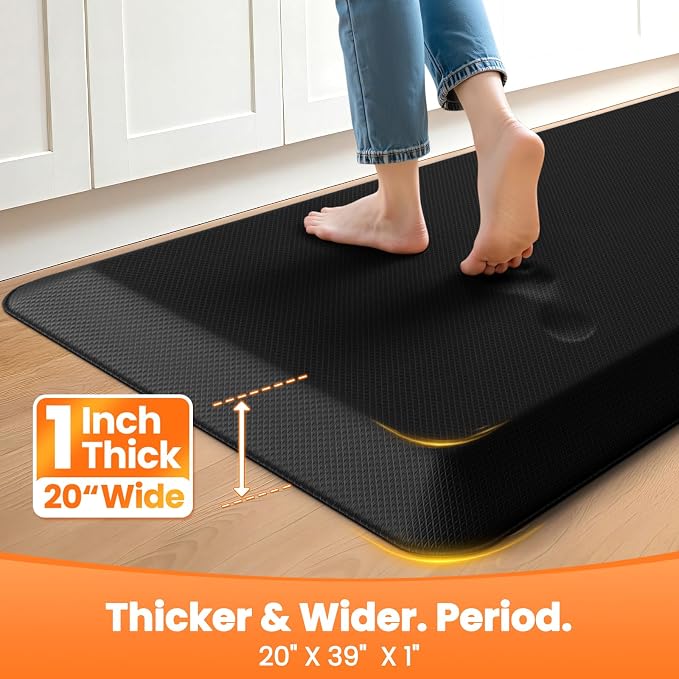 Kitchen Mats for Floor, 1 Inch Extra-Thick Kitchen Rugs, Non-Slip & Waterproof Standing Desk Mat, Comfort Anti Fatigue Mats for Kitchen Floor, Home, Sink, Office (20" X 39", Black)