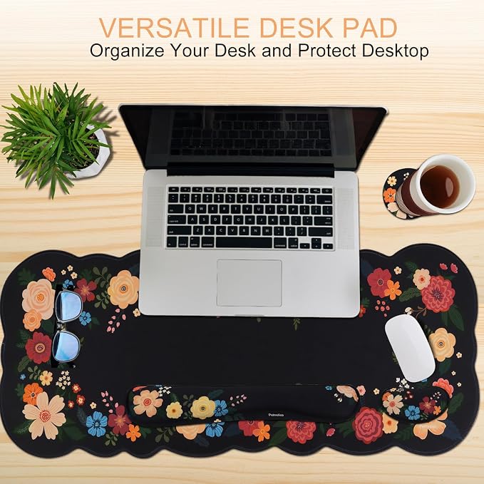 Petmolico Desk Pad Set with Wrist Rest for Keyboard & Mouse, Black Floral | Anti-slip PU base, durable Lycra & memory foam, relieves wrist fatigue, perfect for work, home & daily use