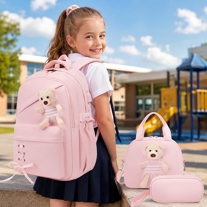 ACESAK School Backpack for Girls - 3 PCS Cute Girls Backpack with Lunch Box & Pencil Case - Kawaii Casual Kids Bookbag School Bag Daypacks Set for Elementary Middle High School Student Teens (Pink)