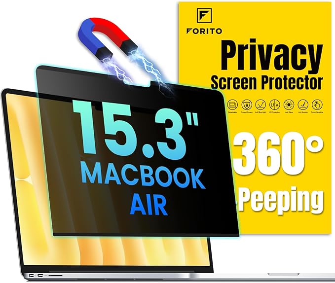 F FORITO Magnetic Privacy Screen Protector Compatible with MacBook Air 15.3 inch (2026-2023, M2, M3, M4, M5), Removable 360° Anti Peeping Anti Blue Light Anti Glare Laptop Privacy Screen Shield