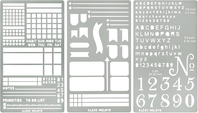 Aleks Melnyk No.486 Metal Stencils for Bullet Journaling, Bookmark, Planning, Lines, Planner, Habit Tracker, Dot Journals Stencil for Diary, Templates, Tiny Letters, Small Number