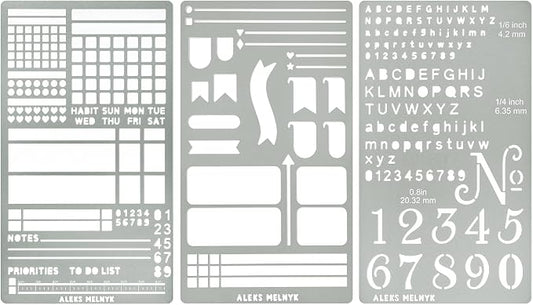 Aleks Melnyk No.486 Metal Stencils for Bullet Journaling, Bookmark, Planning, Lines, Planner, Habit Tracker, Dot Journals Stencil for Diary, Templates, Tiny Letters, Small Number