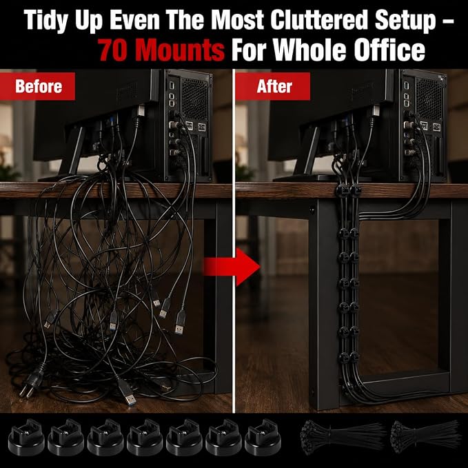 Magnetic Cable Zip Tie Mounts, 70 Pcs Magnet Bases with 300 Pcs Cable Ties, Multipurpose Wire Management Organizer for Desk PC Home Office, Adhesive-Free Cable Clips Holder