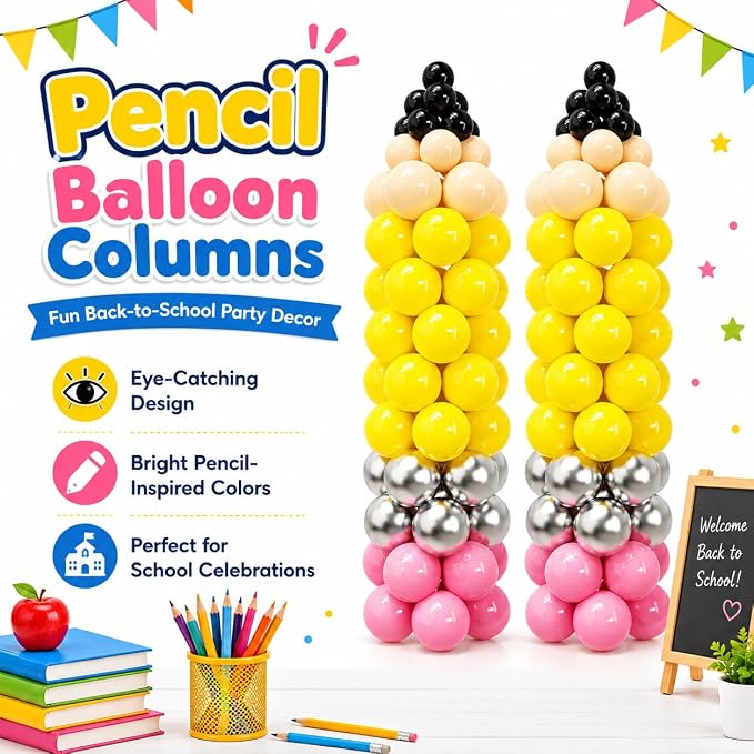 163Pcs Back to School Pencil Balloons, 12Inch Pencil Colorful Balloon DIY Arch Kit, Welcome Back First Day of School Classroom Kindergarten Party Decorations
