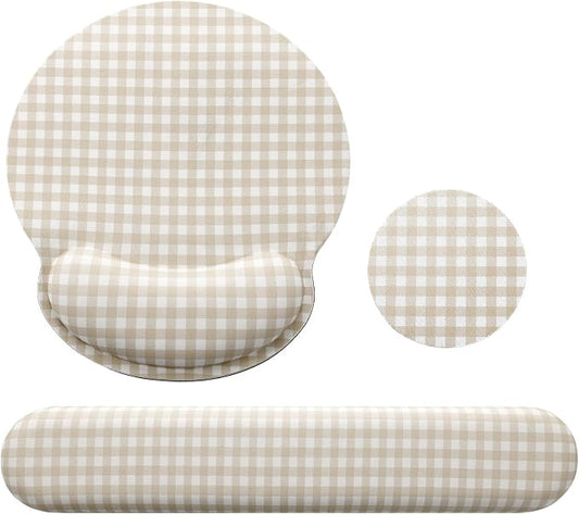 Tellegloww Wrist Rest Support for Mouse Pad&Keyboard Set, Khaki Gingham Checkered Circle Curved Ergonomic Mousepad&Coaster Non-Slip Base Design for Office Home Laptop Desktop Computer Keyboard