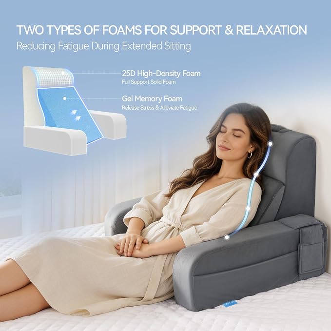 Kayfia Reading Pillow, Gel Memory Foam Back Rest Pillow, 19", Gray | 3 Storage Pockets, Dual-Use Back Leg Support Pillow, Detachable Armrests, Ideal for Reading, Gaming, Working on Bed & Couch