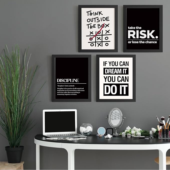 DSHFG Inspirational Office Motivational Wall Art Decor Prints Set of 4, Black Motivational Wall Decor Trendy Retro Posters for Office Home Decor, 12x16 Unframed